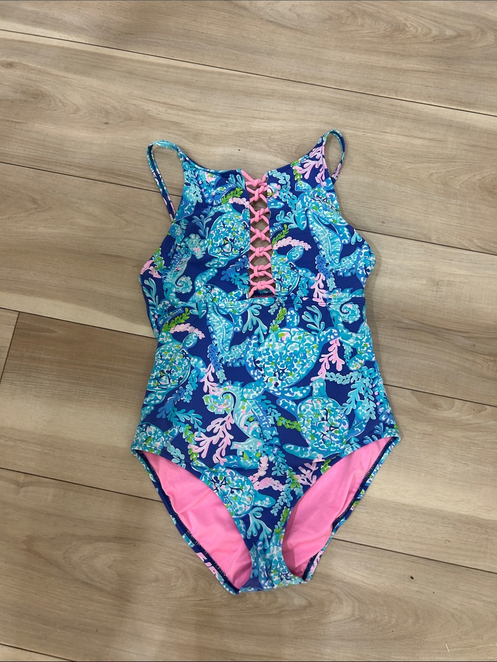 Lilly Pulitzer Blue Seahorse Lace-Up One-Piece Swimsuit with Pink Accents